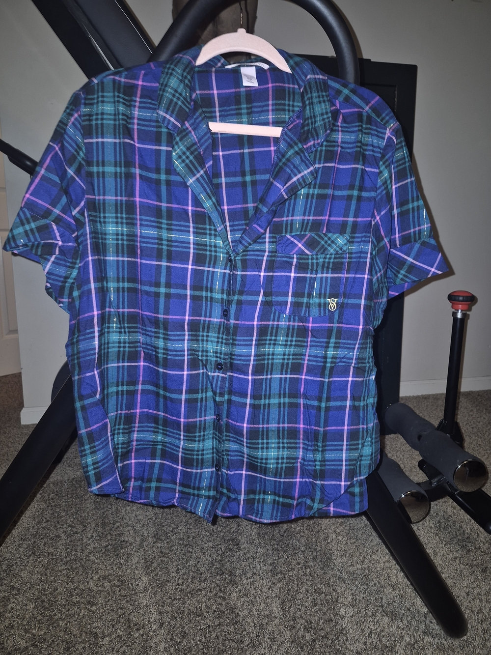 Victoria's Secret Blue and Green Plaid Short Sleeve Pajama Top